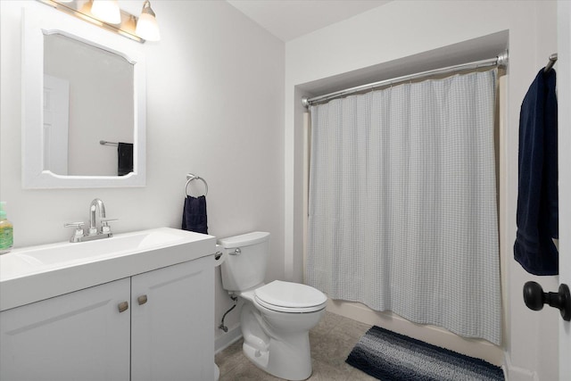 bathroom featuring toilet, a shower with curtain, tile patterned flooring, and vanity