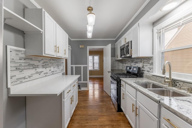 kitchen featuring white cabinets, dark wood-style floors, appliances with stainless steel finishes, light stone countertops, and a sink