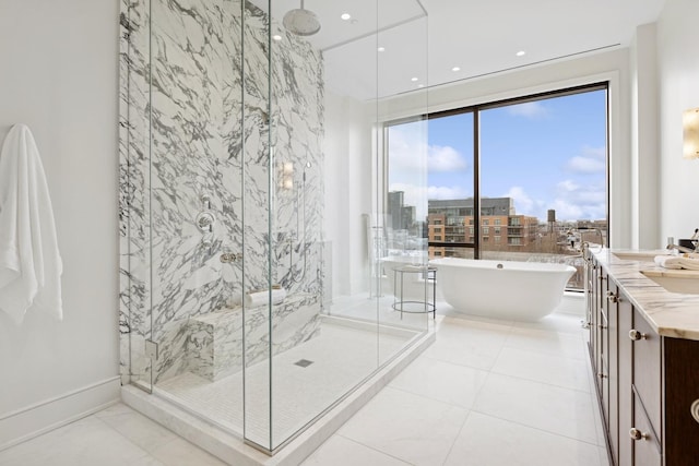 bathroom with tile patterned flooring, a city view, a freestanding bath, and a marble finish shower