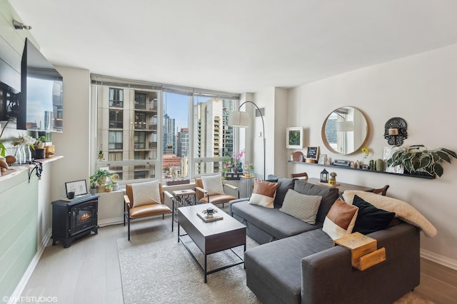 living area featuring a view of city, a wood stove, baseboards, and wood finished floors