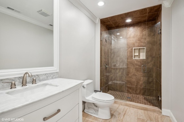 full bath featuring visible vents, toilet, ornamental molding, a shower stall, and vanity