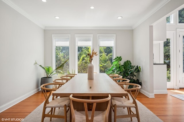 dining space with light wood-style floors, crown molding, and plenty of natural light