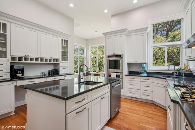 kitchen with a healthy amount of sunlight, light wood finished floors, stainless steel appliances, and a sink