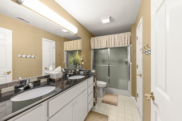 full bath featuring double vanity, a stall shower, a sink, and visible vents