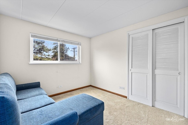 living area featuring baseboards and carpet floors