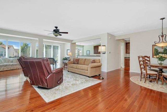 living room featuring wood finished floors, a ceiling fan, and baseboards