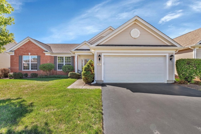 ranch-style house featuring aphalt driveway, an attached garage, brick siding, and a front yard