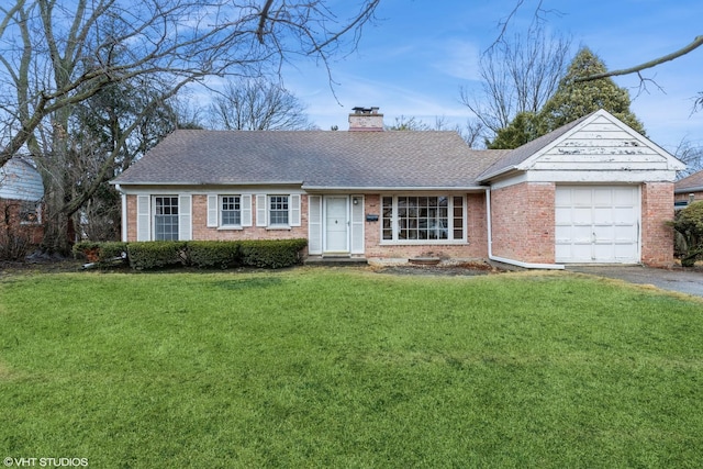 ranch-style home featuring aphalt driveway, a chimney, a shingled roof, an attached garage, and a front lawn