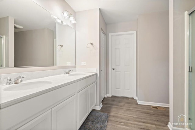 full bathroom with a sink, baseboards, wood finished floors, and double vanity