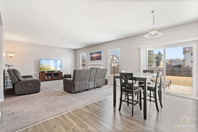 dining area featuring baseboards, wood finished floors, and a fireplace