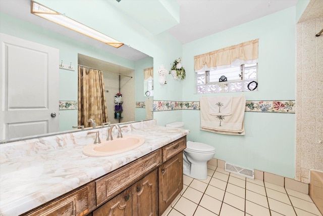 full bathroom featuring visible vents, toilet, vanity, a shower with curtain, and tile patterned floors