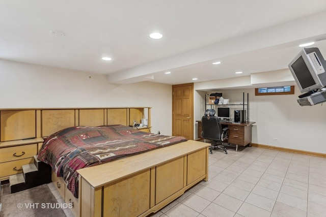 bedroom featuring recessed lighting, light tile patterned flooring, and baseboards