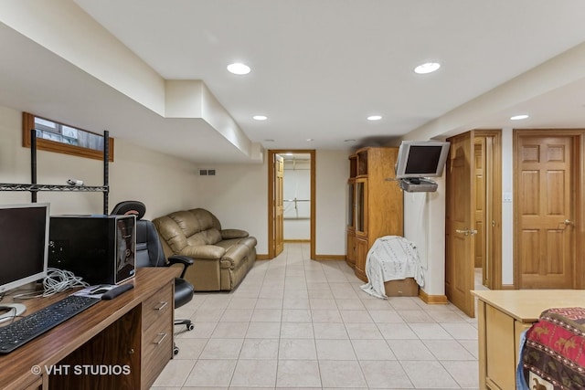 office featuring light tile patterned flooring, visible vents, baseboards, and recessed lighting