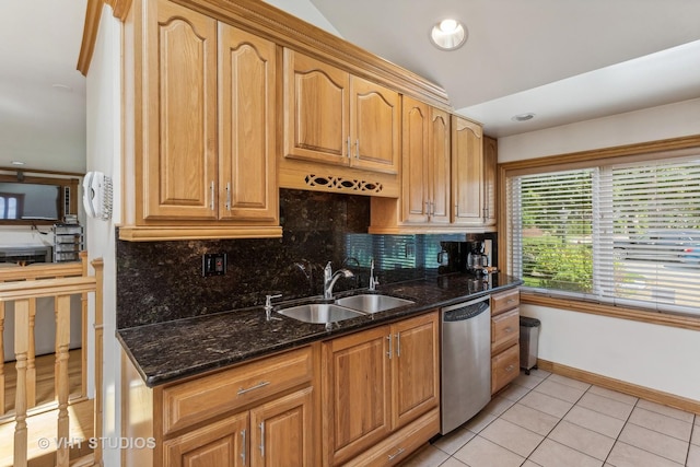 kitchen with a sink, dark stone counters, decorative backsplash, and stainless steel dishwasher