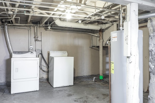 unfinished below grade area with water heater and washing machine and clothes dryer