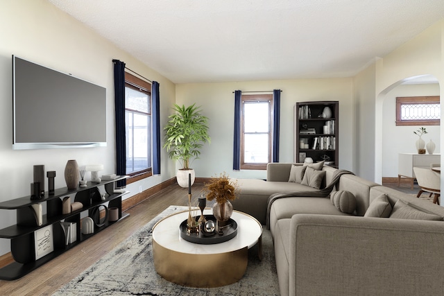 living room featuring baseboards, arched walkways, and wood finished floors