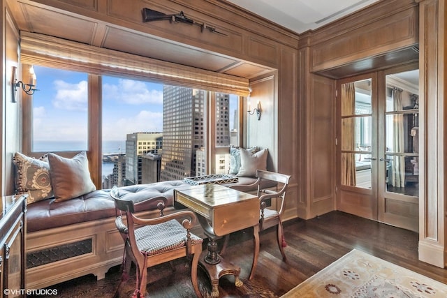 interior space with wooden walls, french doors, dark wood-style flooring, and a city view