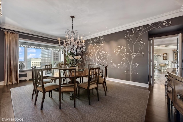 dining space featuring ornamental molding, wood finished floors, baseboards, and an inviting chandelier