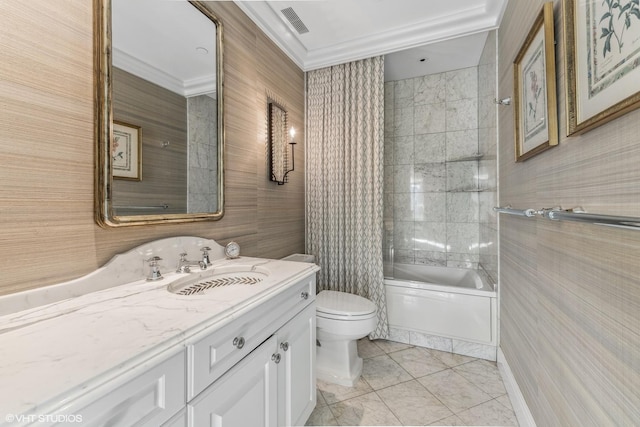 bathroom with shower / tub combination, toilet, visible vents, vanity, and crown molding