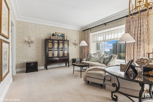 carpeted living area featuring wallpapered walls, baseboards, and crown molding