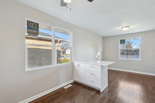 interior space featuring visible vents, dark wood finished floors, and baseboards