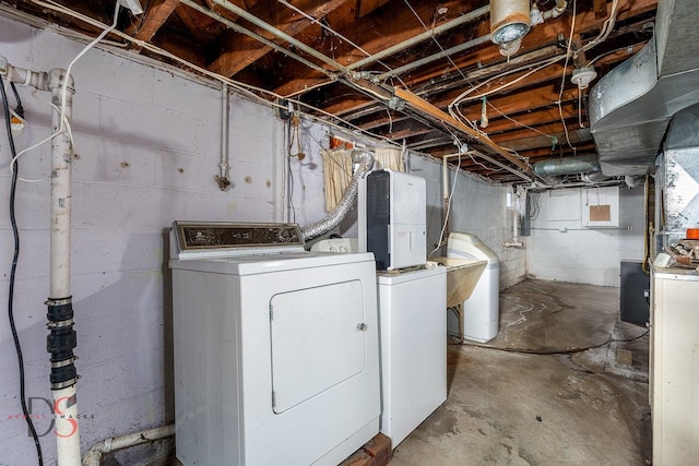 laundry room with washing machine and dryer, laundry area, and a sink