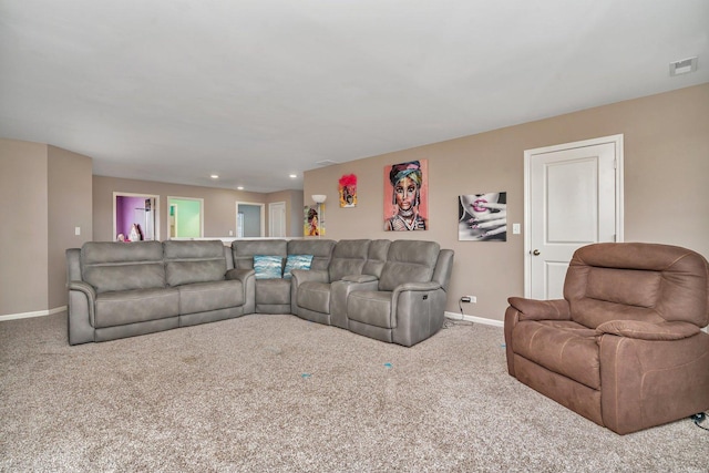 living room featuring carpet floors, recessed lighting, visible vents, and baseboards