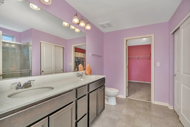 bathroom with toilet, a shower stall, double vanity, and a sink