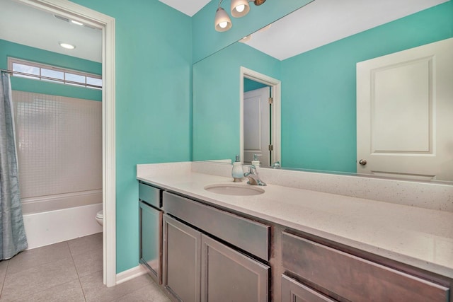 full bath with shower / tub combo, baseboards, toilet, tile patterned floors, and vanity