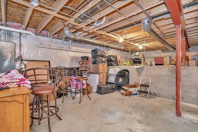 unfinished basement featuring electric panel