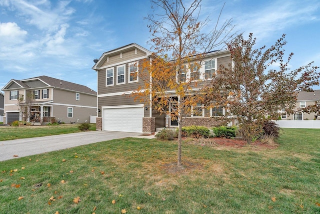 craftsman-style home with a garage, concrete driveway, brick siding, and a front lawn