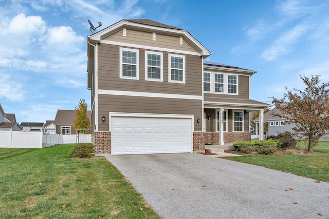 view of front of property featuring a porch, brick siding, fence, and a front lawn