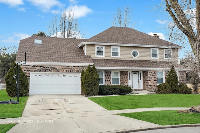 view of front of home featuring brick siding, a shingled roof, concrete driveway, a front yard, and a garage