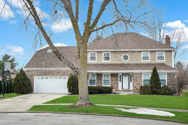 view of front facade with a garage, brick siding, roof with shingles, a front lawn, and a chimney