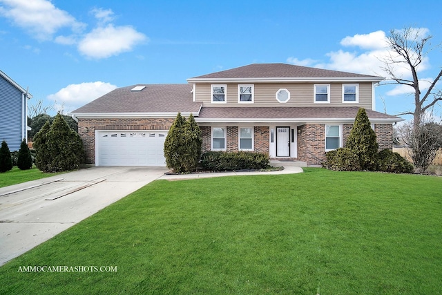 traditional home featuring an attached garage, driveway, brick siding, and a front yard