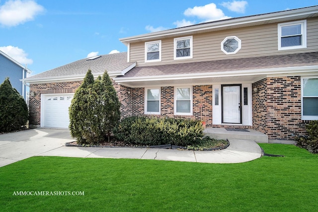 view of front facade with a garage, brick siding, a shingled roof, and a front lawn