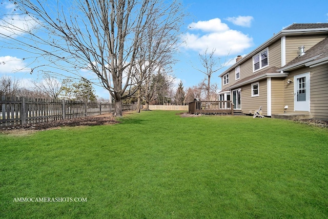 view of yard featuring a fenced backyard and a wooden deck