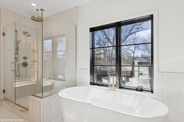 bathroom with a freestanding bath, a stall shower, and wainscoting