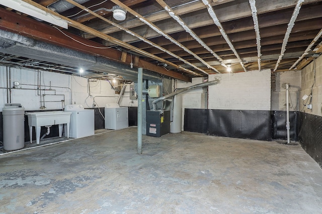 831 W Galena Blvd, Aurora, IL 60506 - unfinished below grade area featuring washing machine and dryer, a water softener, heating unit, drainage system, and electric panel