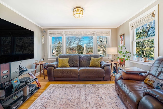 living area with plenty of natural light, wood finished floors, and crown molding