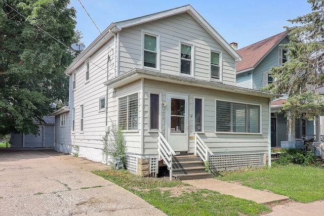 710 E Benton St, Aurora, IL 60505 - view of front facade with entry steps, an outbuilding, and crawl space