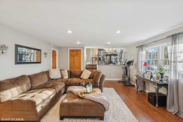 living room featuring baseboards, wood finished floors, and recessed lighting