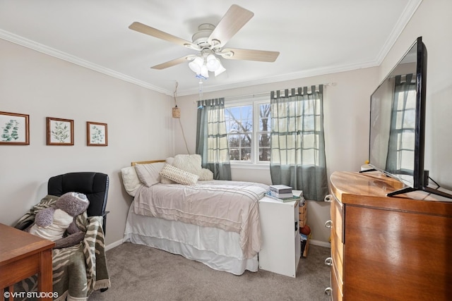 bedroom featuring ornamental molding, carpet, ceiling fan, and baseboards