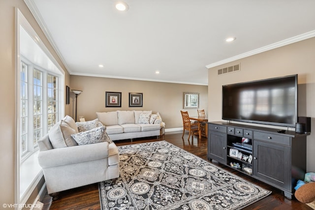 living room featuring dark wood-type flooring, visible vents, and crown molding