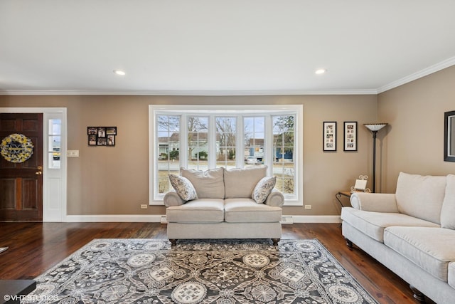 living room featuring ornamental molding, recessed lighting, dark wood finished floors, and baseboards