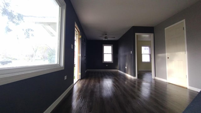 entrance foyer featuring ceiling fan, baseboards, and dark wood-type flooring