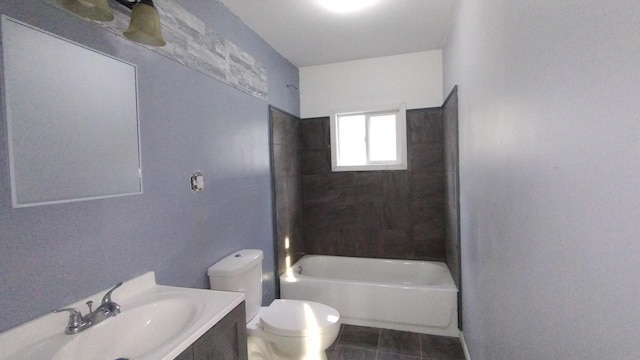 bathroom with shower / bathtub combination, vanity, toilet, and tile patterned floors