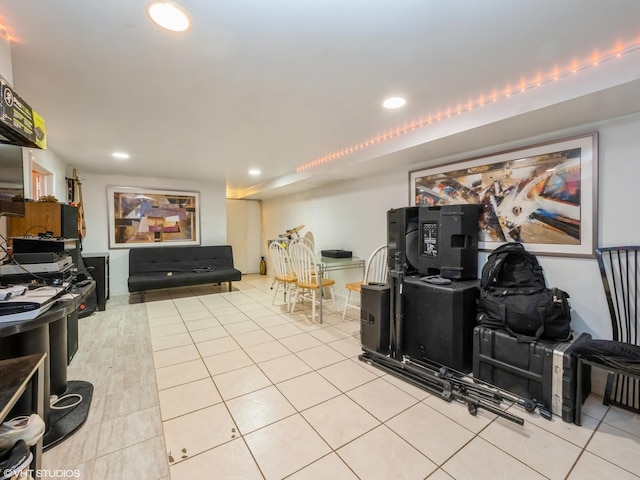 interior space featuring tile patterned flooring and recessed lighting