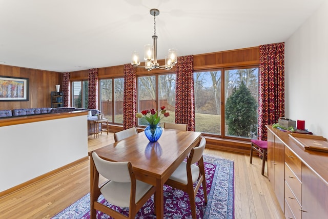 dining room featuring a healthy amount of sunlight, wood walls, and light wood-style flooring