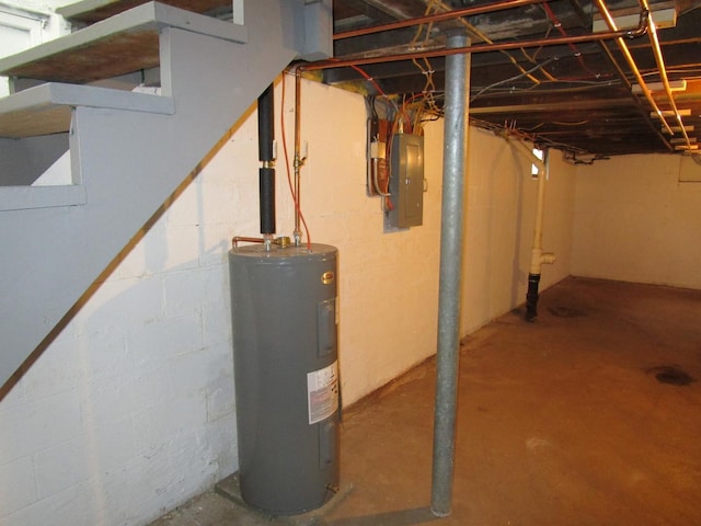 unfinished below grade area with electric panel and electric water heater